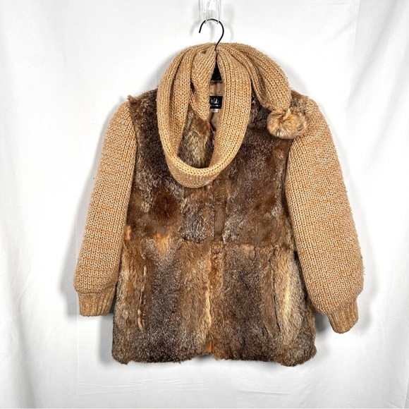 1980s Vintage Niki Rabbit Fur Knit Jacket Scarf Pom Pom Small - Picture 9 of 12